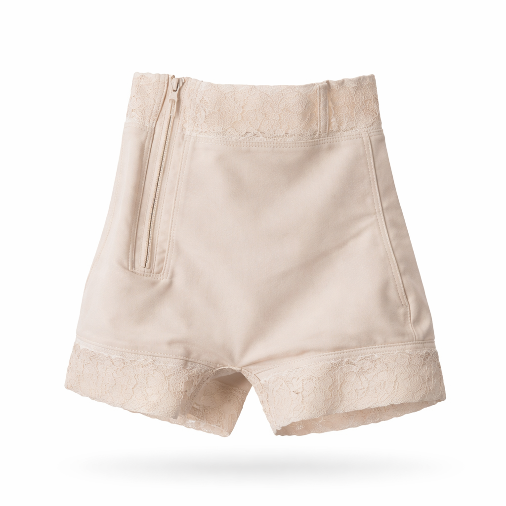 Faja Short de Compresión de Cintura Alta con Cierre de Cremallera y Encaje - Postparto y Moldeadora