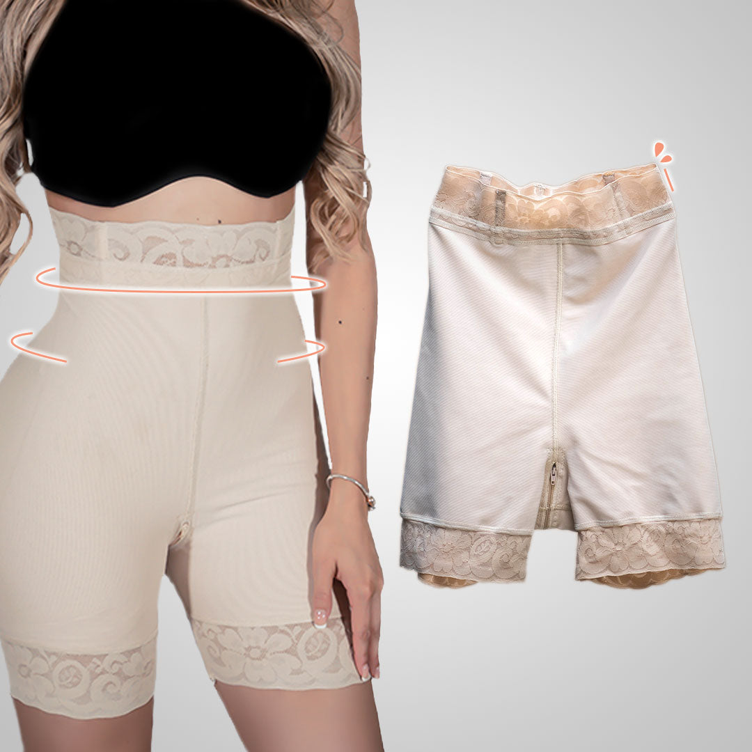 Faja Short de Compresión con Cintura Alta y Encaje - Levanta Glúteos y Control de Abdomen