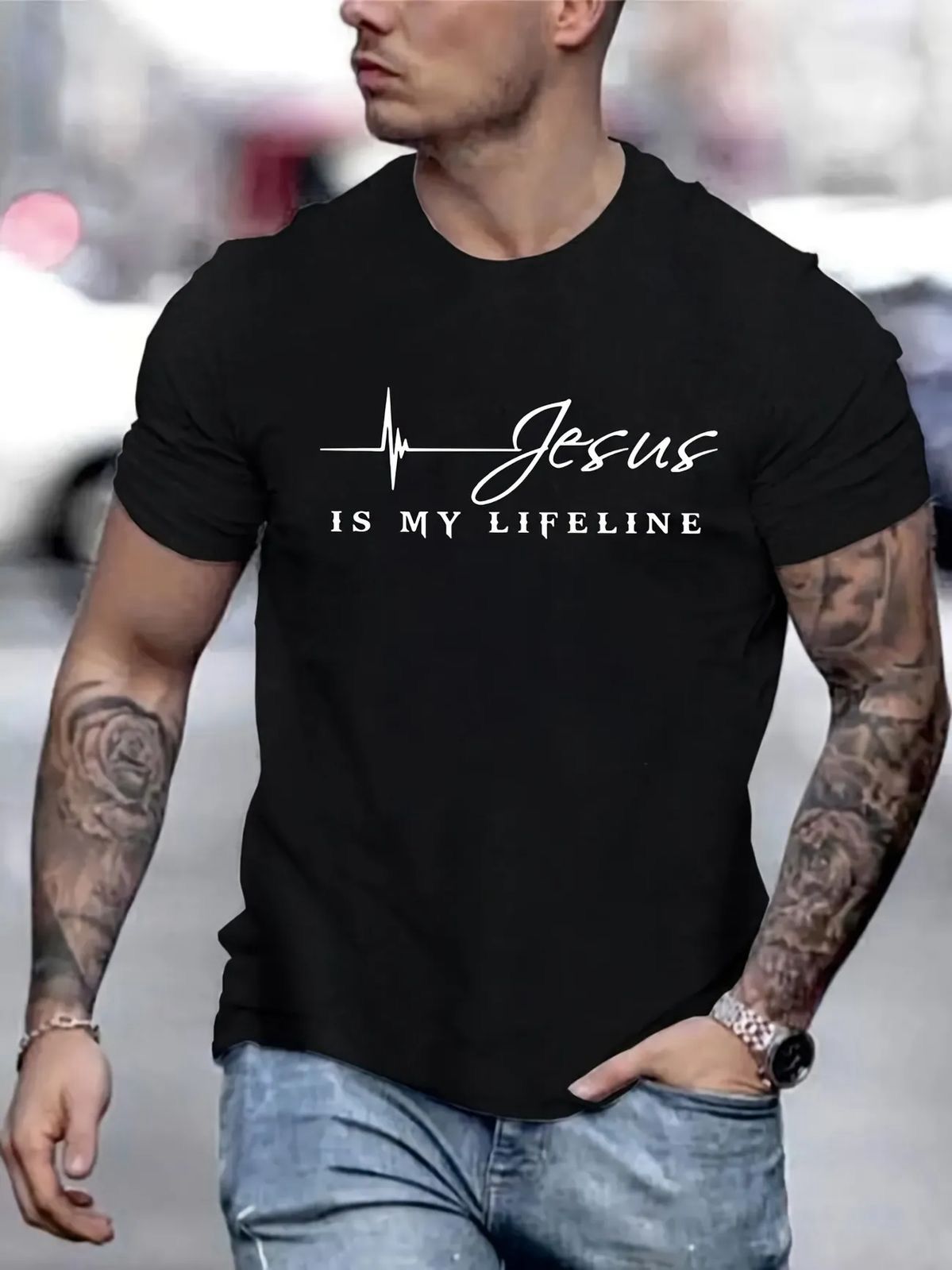 CAMISETA NEGRA JESUS IS MY LIFELINE / HOMBRE