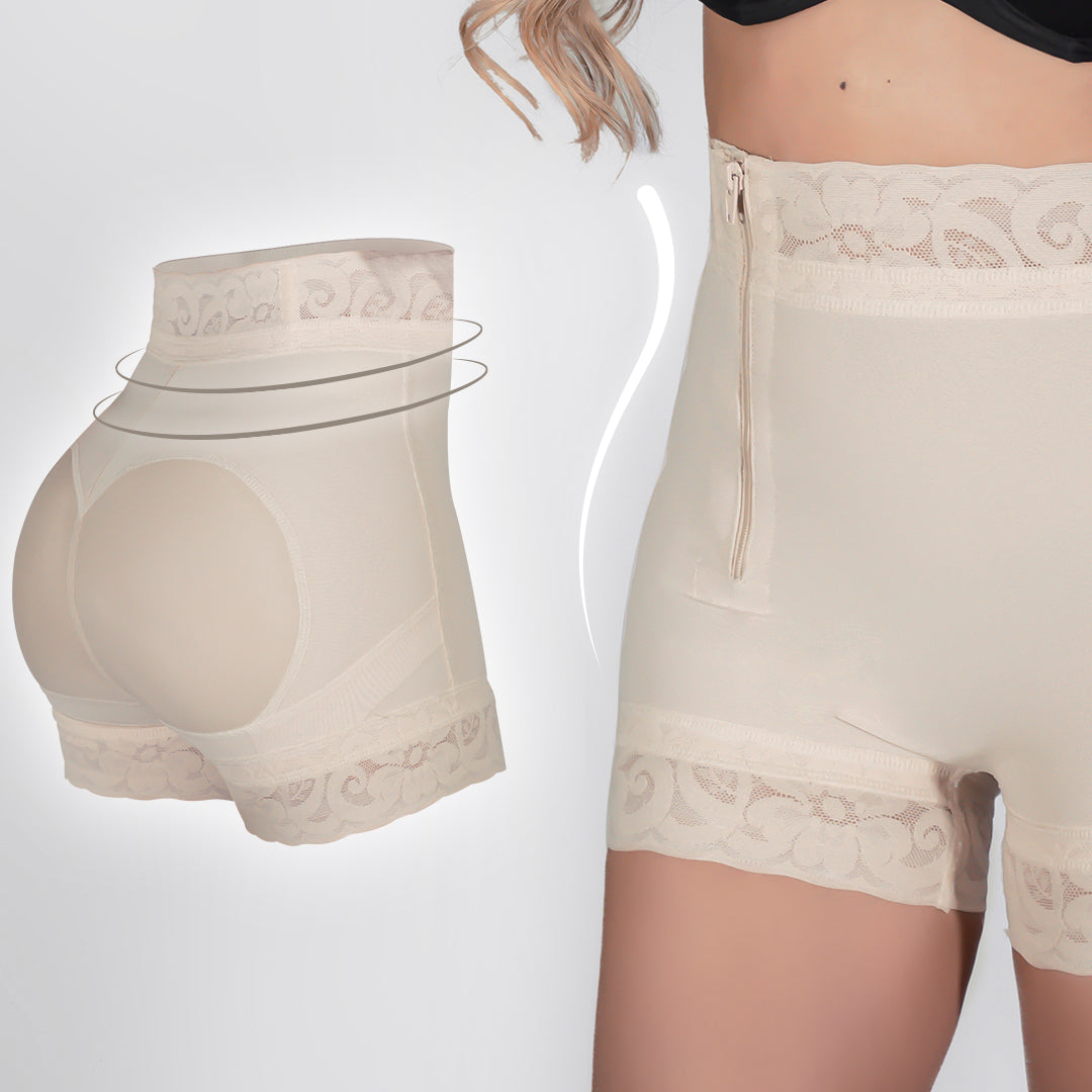Faja Short de Compresión de Cintura Alta con Cierre de Cremallera y Encaje - Postparto y Moldeadora